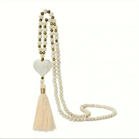 Boho-Chic Turquoise Heart & Wooden Bead Y-Shaped Necklace with Wheat Tassel - Picture 2 of 4